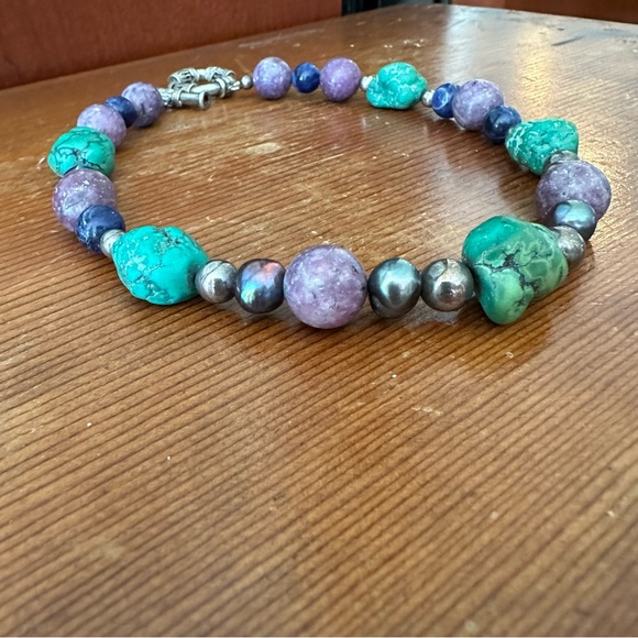 Chunky Turquoise Pearl Lapis Lazuli Natural Gemstone Peacock Choker Necklace - Picture 11 of 16